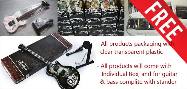 all products miniature music instrument packing with transparant plastic and individual carton box, for miniature guitar replica and miniature guitar bass come complite with individual printng box and standers